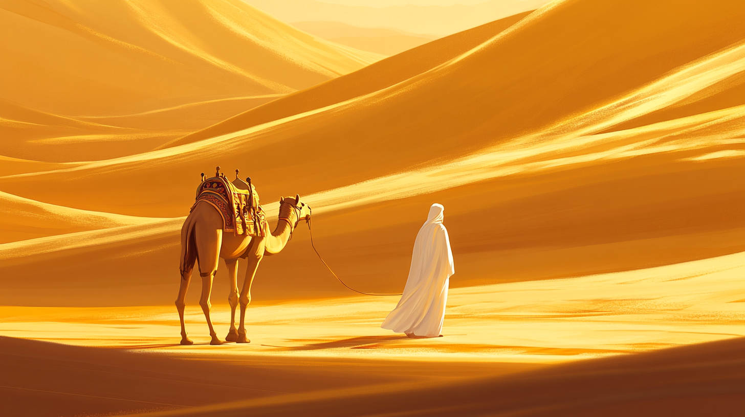 A traveller and camel crossing golden desert dunes at sunset